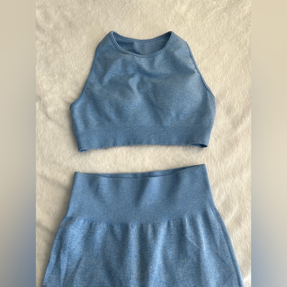 Blue Ribbed Knit Top and Leggins set